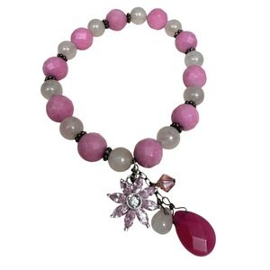 Rose Quartz Glass Beaded Charm Bracelet Pink Flower Teardrop Dangle Jewelry 6.5